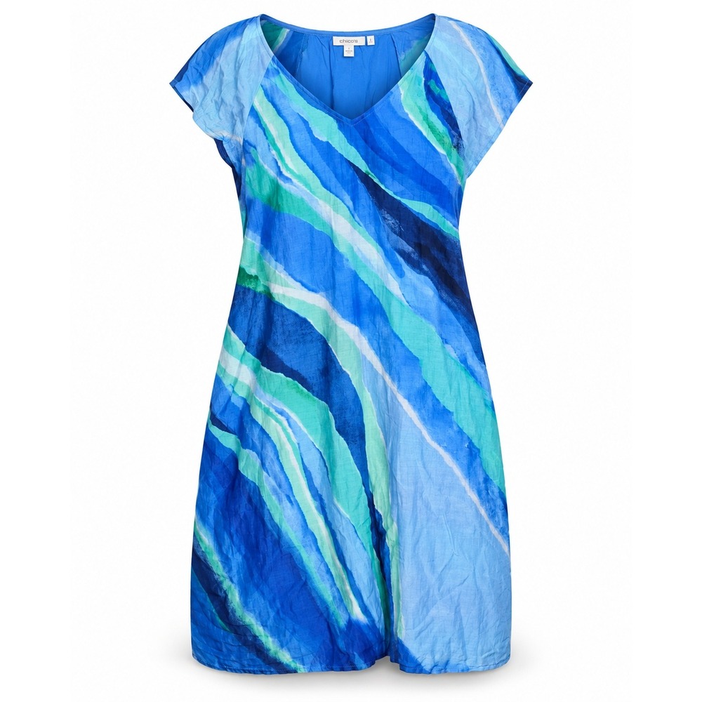 Chico's Silk Blend Abstract Wave Shift Dress Size 2 L Blue Green V-Neck Pockets